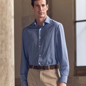 Hart Schaffner Marx Mens L 100% Cotton Blue Mini Houndstooth Dress Shirt‎